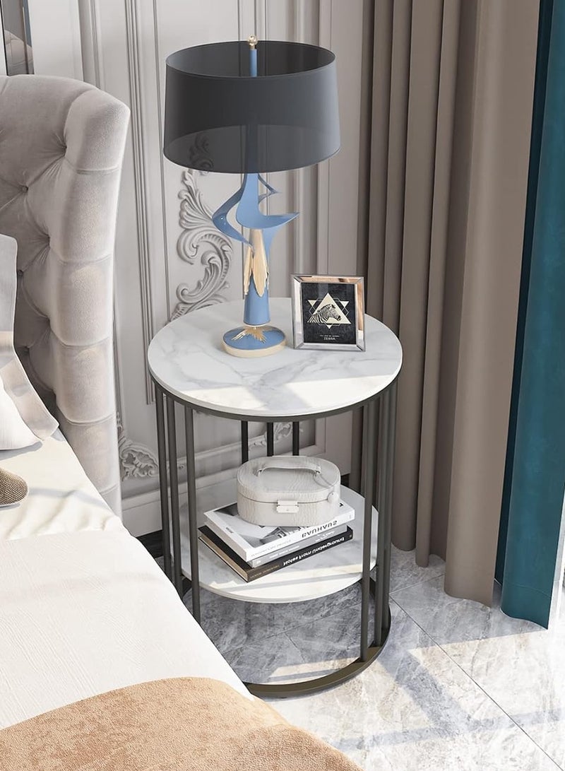 Mobellya Elegant Round Side Table with Marble Top and Lower Shelf - Image 2